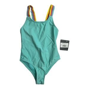 Eddie Bauer Teal 1 Piece Rainbow Straps Swimsuit Girls Toddler Size XXS (4) NWT